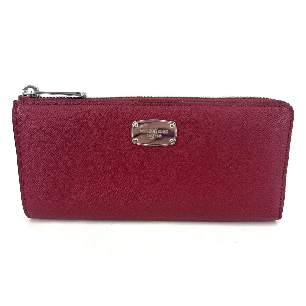 Michael Kors Large Zip Around Wallet Red Burgundy Silver Hardware